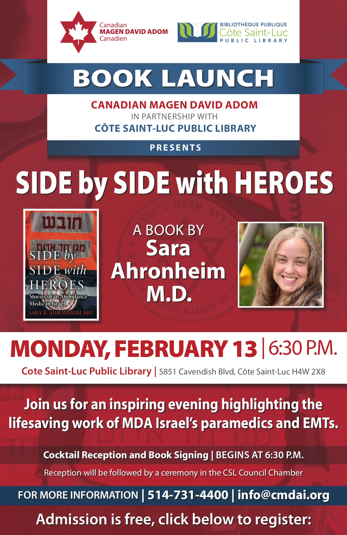 Canadian Magen David Adom and Côte Saint-Luc Public Library – Book Launch, Side by Side with Heroes, a book by Sara Ahronheim M.D. - Monday, February 13, 2023